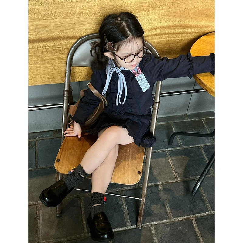 壹妈童装女童秋装学院风套装儿童时髦洋气花边衬衫上衣半裙两件套