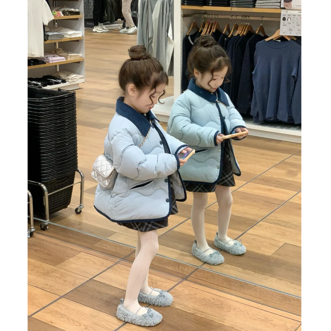 壹妈童装萌娃穿搭女童套装秋冬儿童洋气蓝色加厚棉服格子毛呢半裙