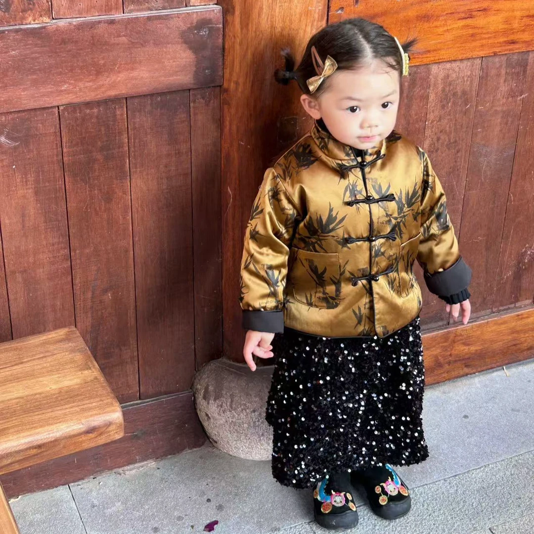 壹妈童装萌娃穿搭女童拜年服套装儿童洋气新中式夹棉外套亮片半裙