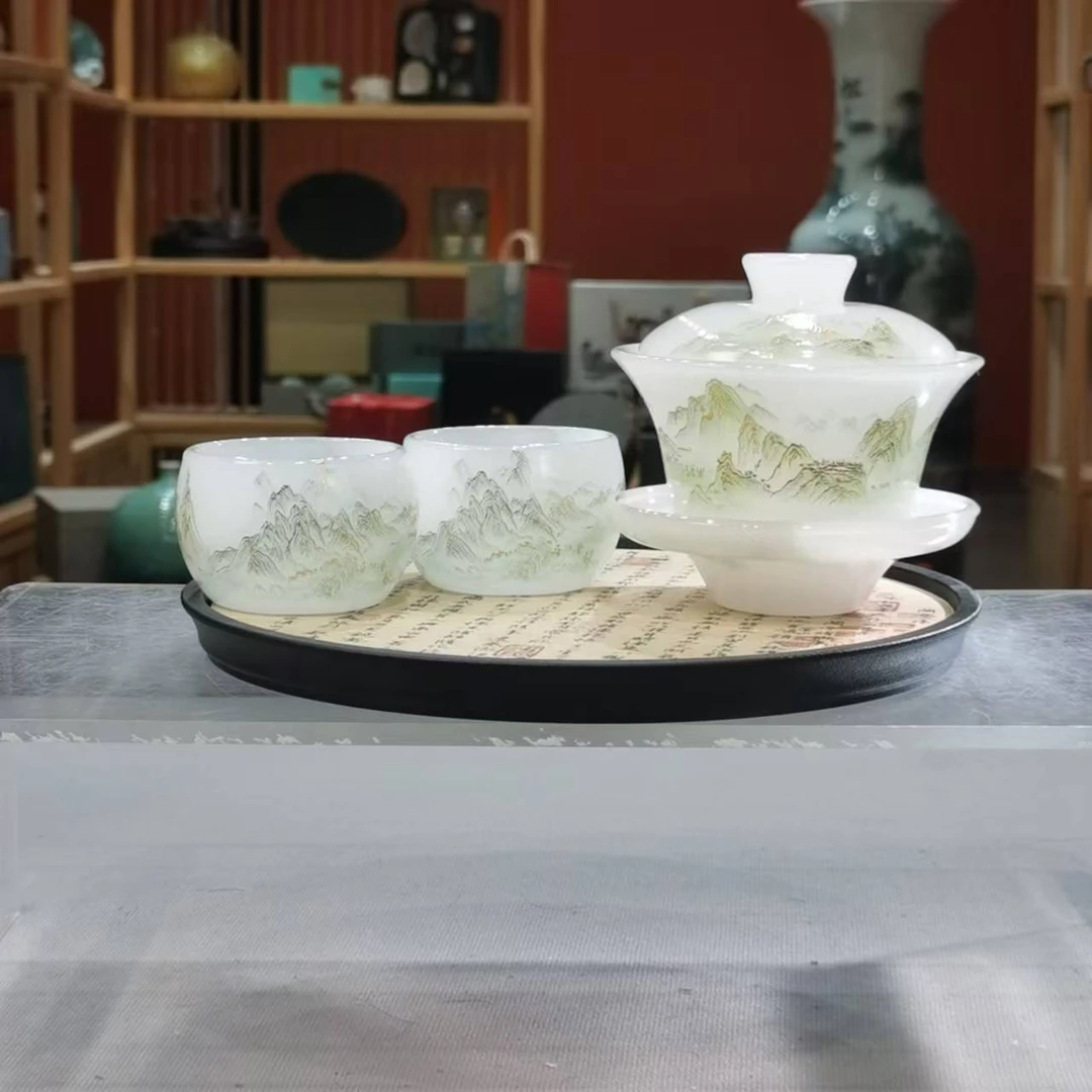 千里江山高端白玉琉璃盖碗赠对杯茶盘