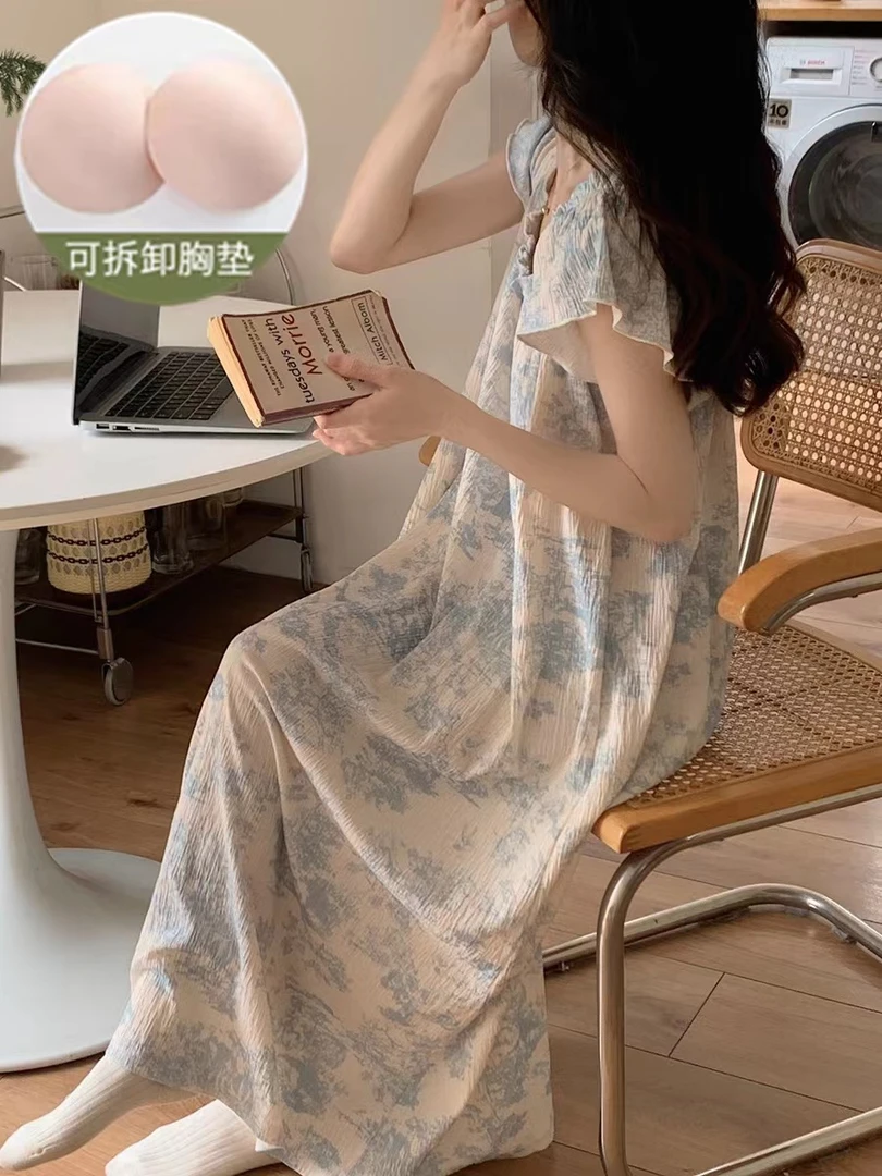 带胸垫水墨画印花睡裙女夏季ins网红风甜美宽松大码睡裙可外穿