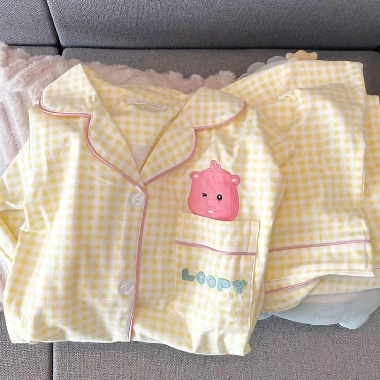 日系黄色刺绣露比卡通睡衣女夏季甜美少女短袖短裤家居服套装