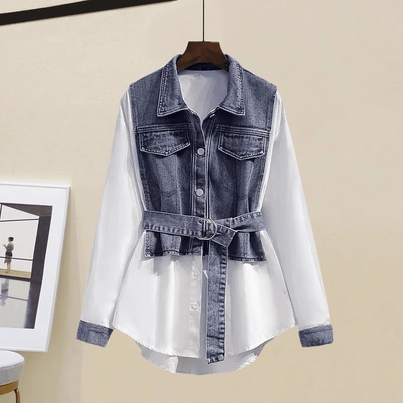 2024春秋季新款大码胖mm洋气牛仔拼接衬衫上衣藏肉显瘦休闲