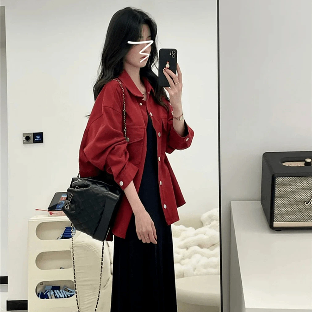 初秋装穿搭配一整套今年流行漂亮红色外套气质黑色连衣裙子两件套