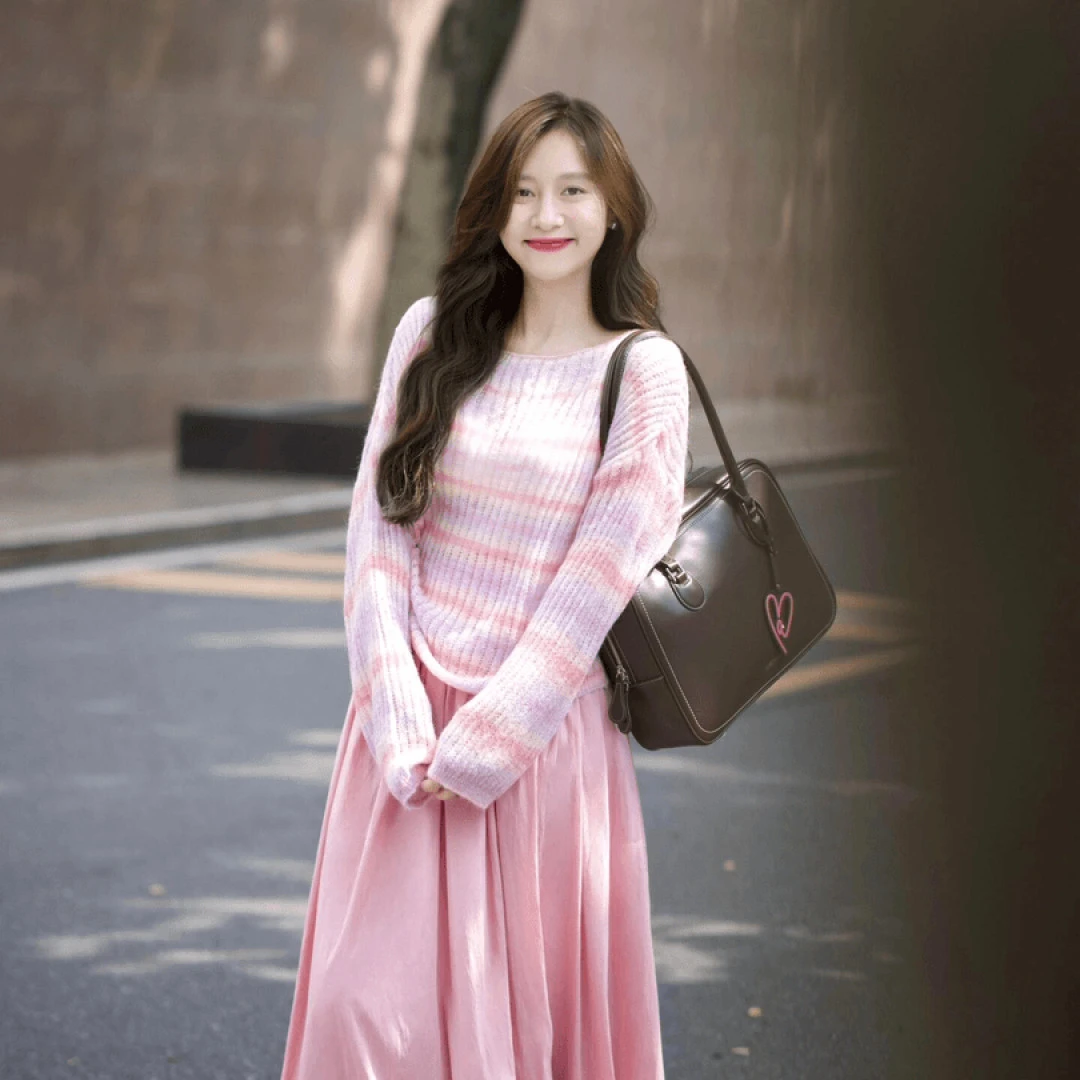 慵懒减龄彩色条纹套头针织衫秋季高腰粉色大裙摆垂感a字半身裙女