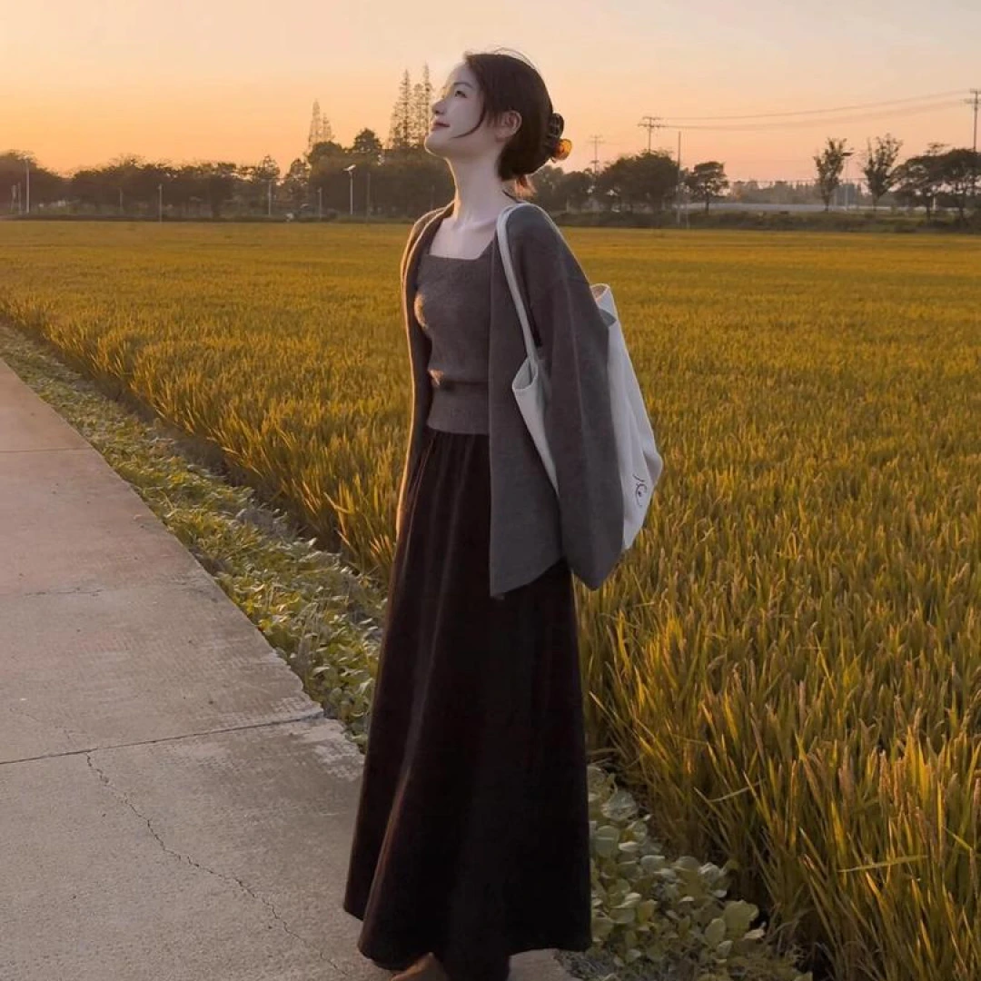 秋季搭配一整套女慵懒风针织开衫背心女高腰显瘦半身裙三件套女潮