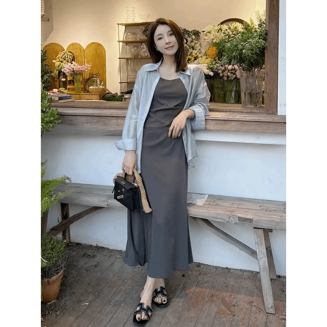 大码胖mm防晒长袖衬衫显瘦高腰开叉遮肉吊带连衣裙女夏季两件套装