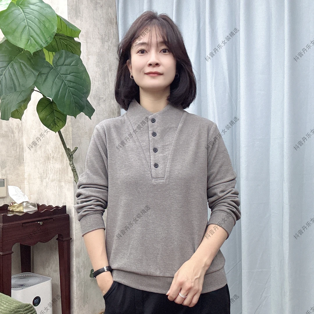 8875双面绒长袖打底衫保暖时尚休闲百搭加绒纯色黑色打底衫女士