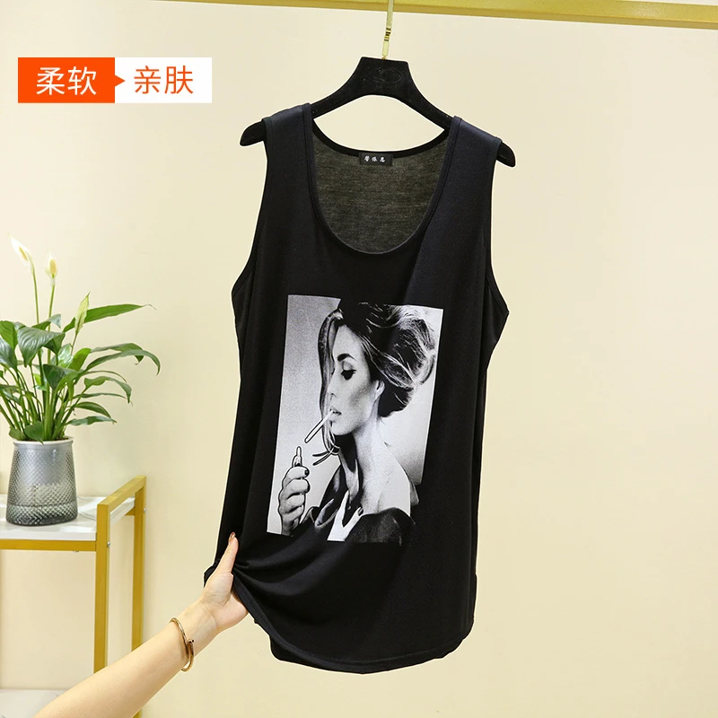 莫代尔黑色内搭背心女夏季薄款款宽松上衣时尚百搭无袖印花T恤衫