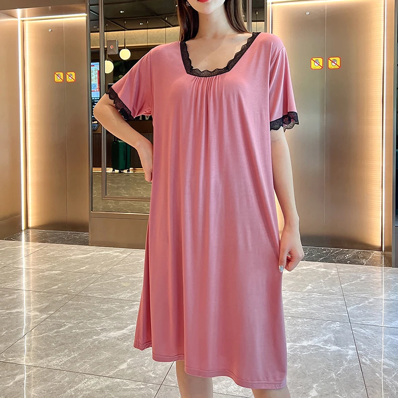 莫代尔女夏宽松蕾丝胖mm短袖休闲连衣裙大码显瘦家居睡裙过膝长裙