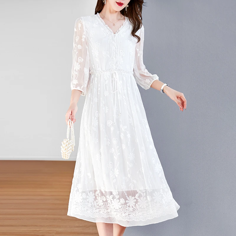 【吉岚严选】水墨佳人100%重磅桑蚕丝真丝刺绣连衣裙82399691