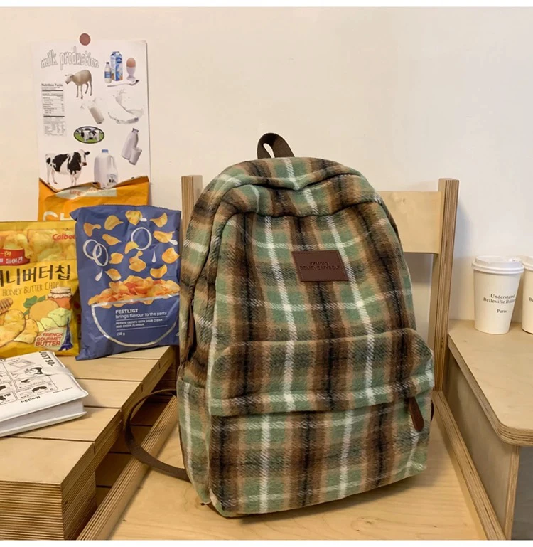 日系ins秋冬复古格子书包女韩版高中学生初中生双肩包百搭小背包