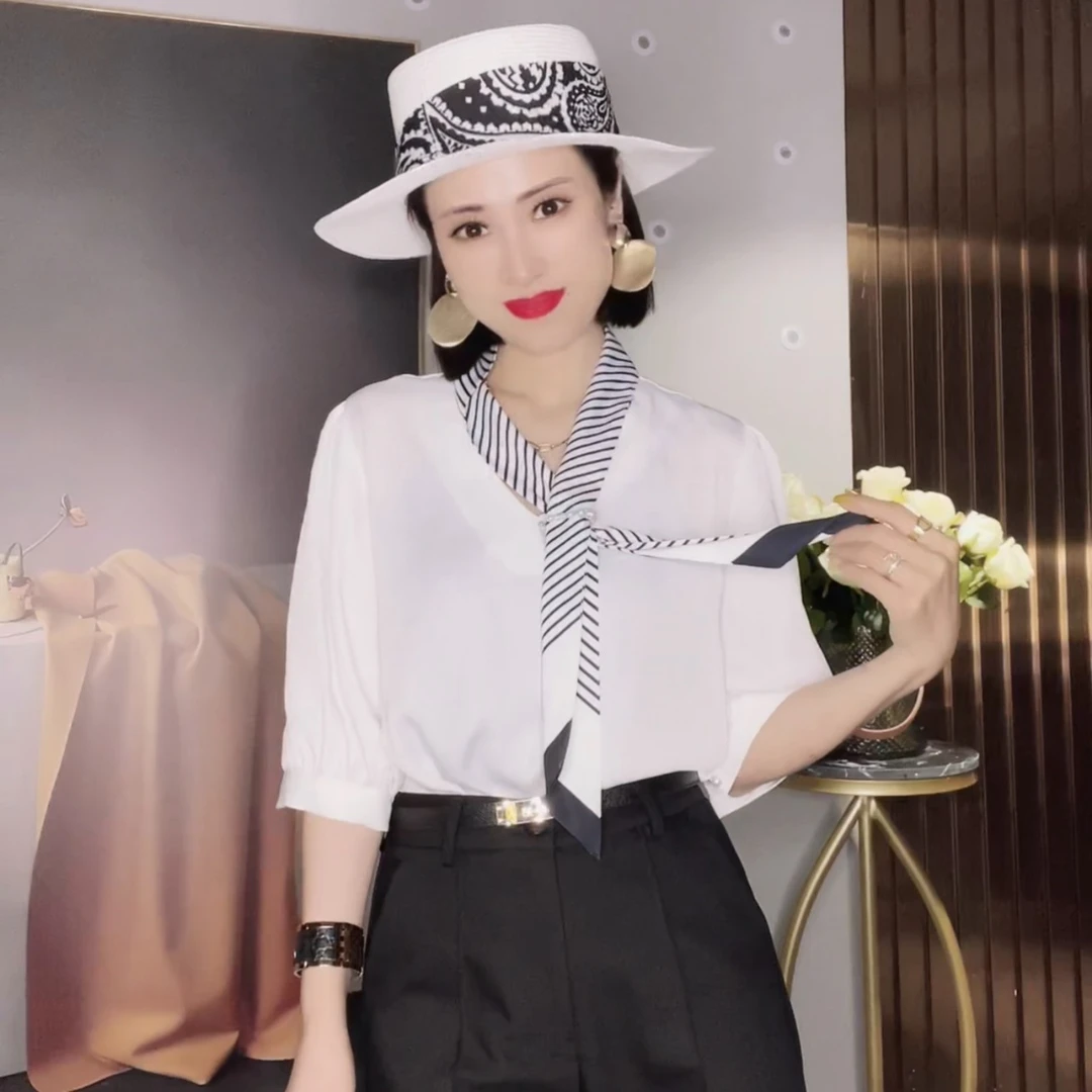 潘丫丫【浅夏微风】2022年新款夏款V领领带短袖衬衫