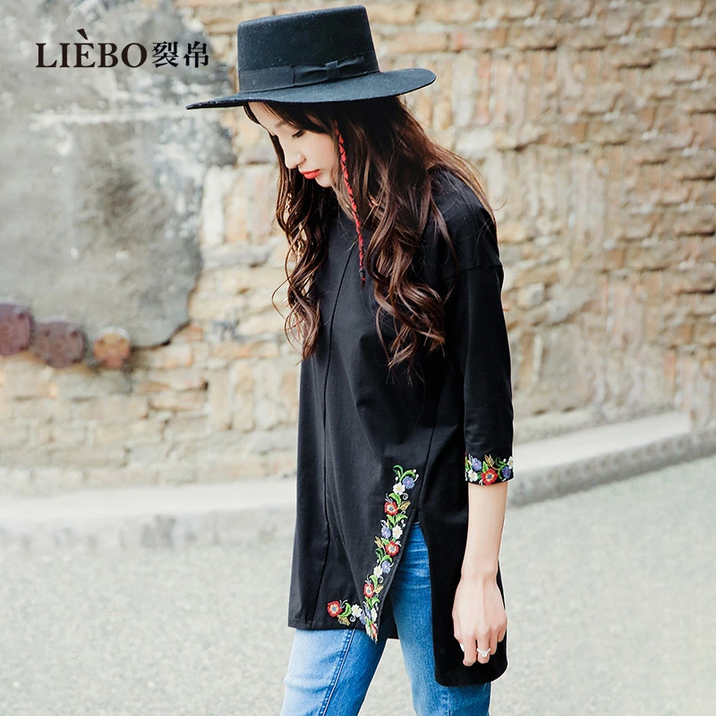 裂帛简约民族花朵刺绣女秋季舒适休闲百搭开叉下摆T恤裙51EO0178