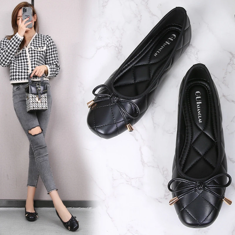 2025新款芭蕾鞋软底单鞋黑色浅口平底鞋秋季蝴蝶结单鞋女轻奢女鞋