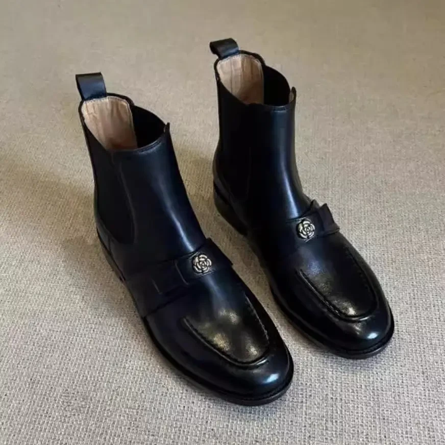 牛皮版~软皮切尔西靴女复古山茶花方头气质时尚小短靴弹力马丁靴