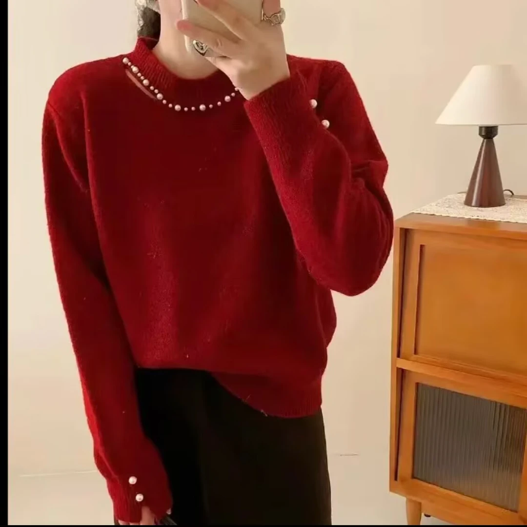 高级感时尚软糯镂空钉珠针织衫加厚洋气显瘦毛衣打底气质冬季新款