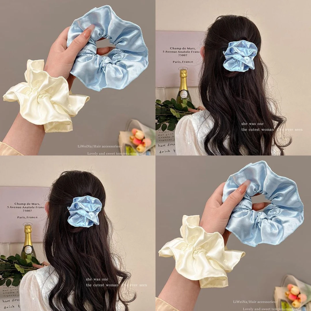 双层缎面光泽大肠圈发饰丸子头绳法式优雅发圈褶皱头花气质头饰发