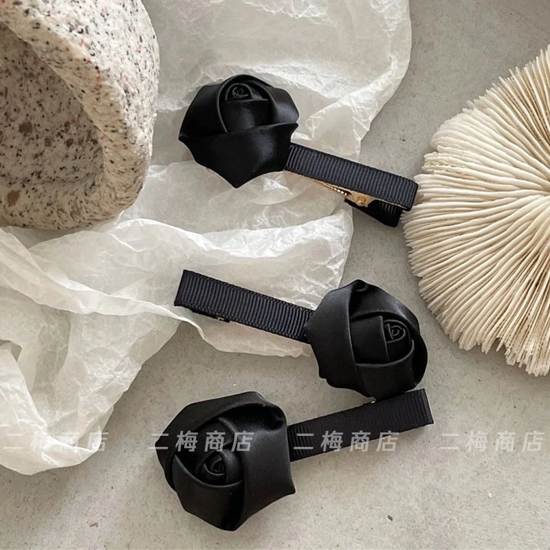 甜酷风 黑色玫瑰发夹边夹 气质简约布艺花朵鸭嘴夹少女刘海夹女