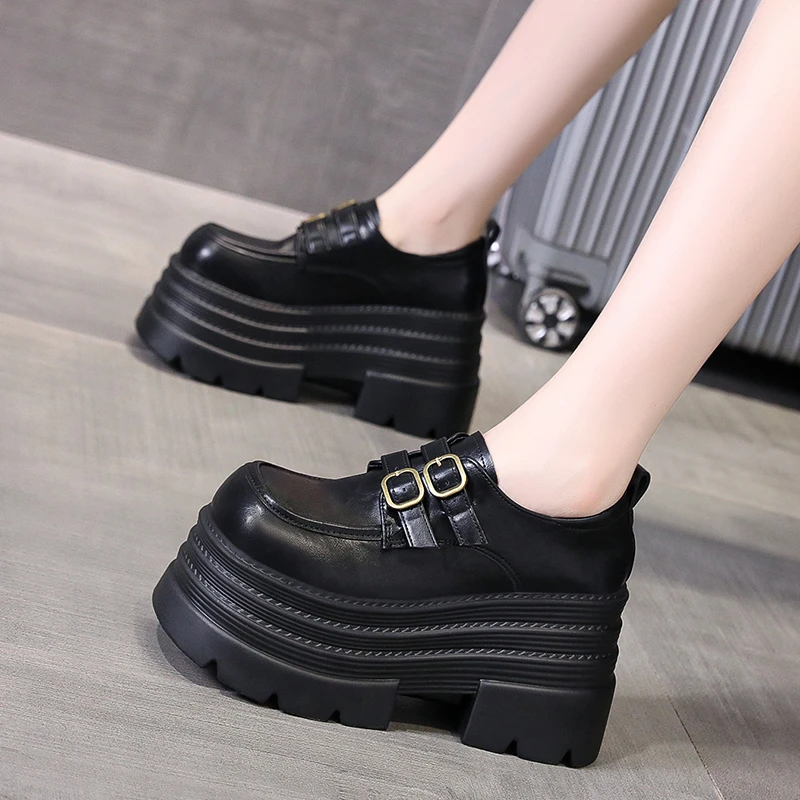 欧货厚底乐福鞋女秋冬2025新款真皮小个子10cm内增高英伦风小皮鞋