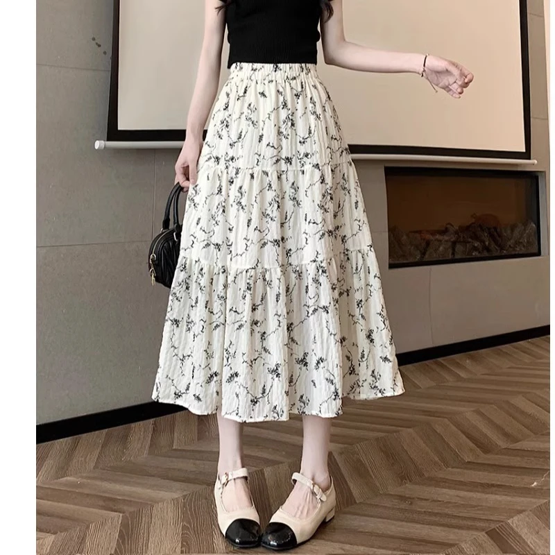法式复古拼接碎花裙子女夏装休闲中长款大摆雪纺裙显瘦蓬蓬半身裙