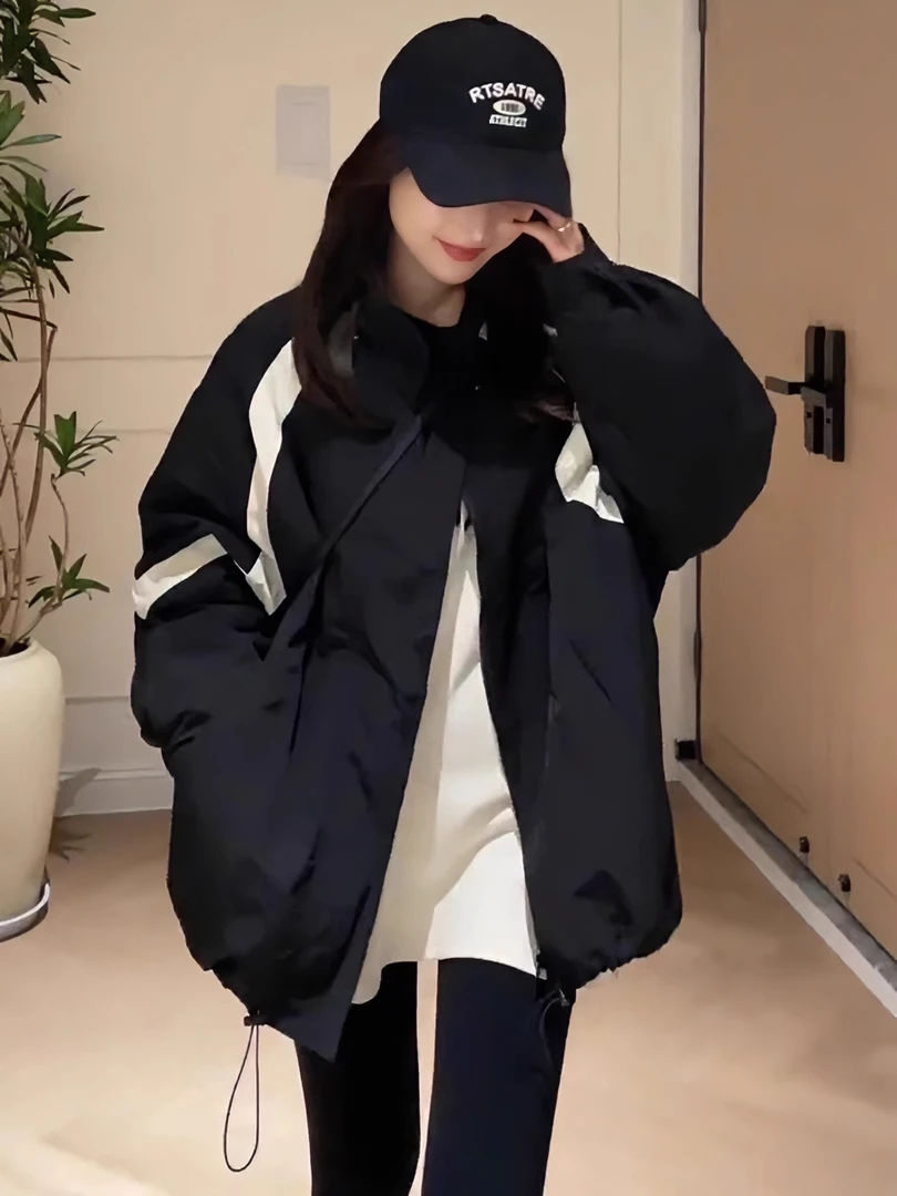 夹棉加厚黑色外套女2025秋冬新款韩版宽松二棉服小个子棒球服上衣