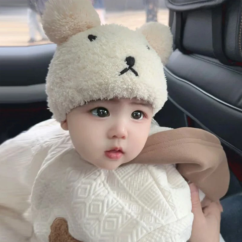 婴儿帽子围脖秋冬季可爱小熊两件套加绒加厚保暖防风男女宝宝韩版