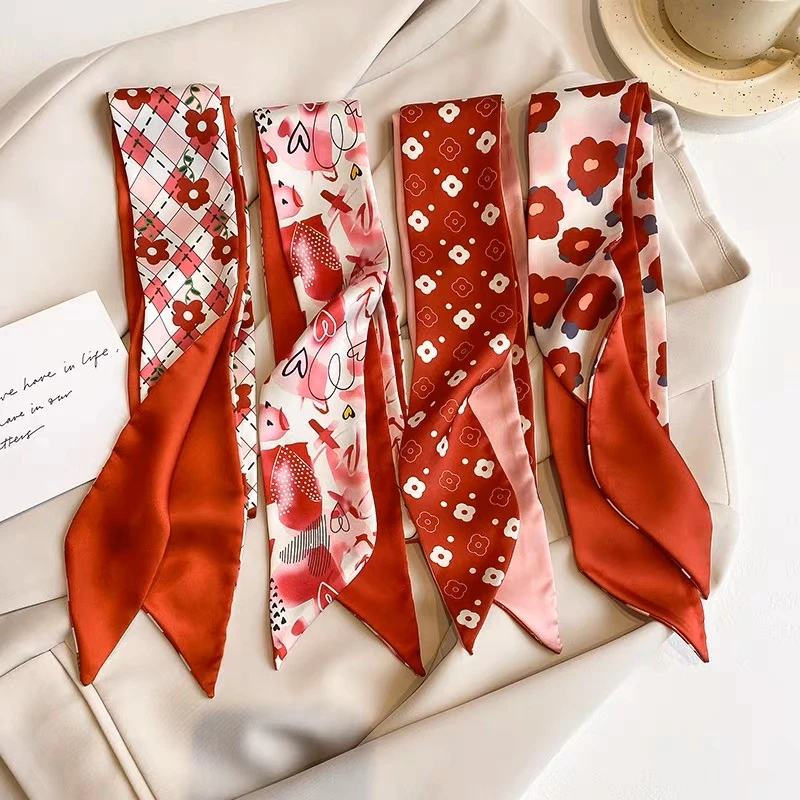 显白番茄红色双面时尚丝巾女发带装饰绑包仿真丝飘带长条领巾潮流