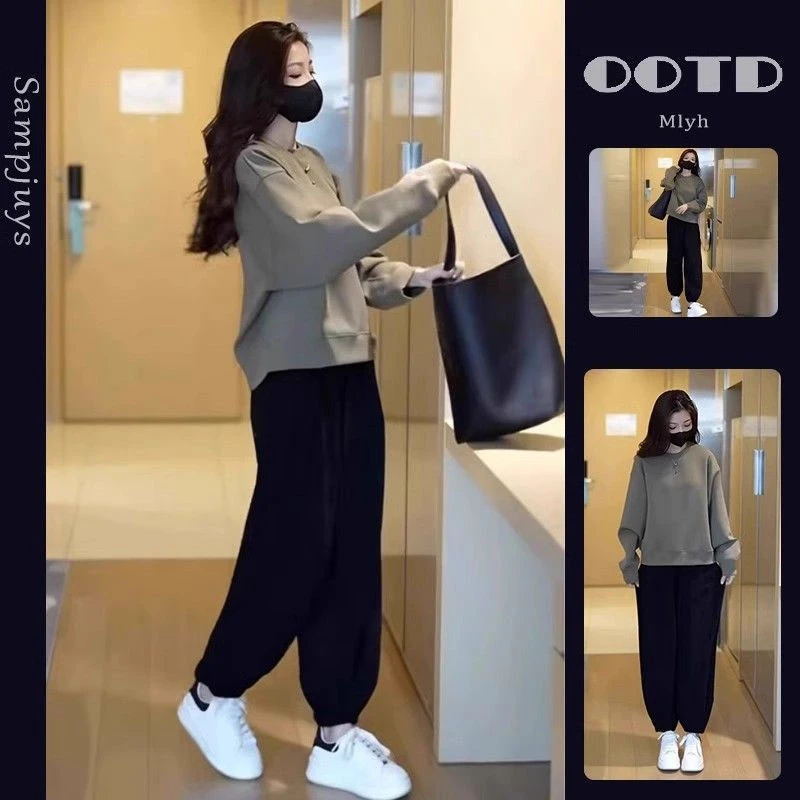 茶系穿搭一整套2025秋季新款女微胖显瘦炸街高级感减龄卫衣两件套