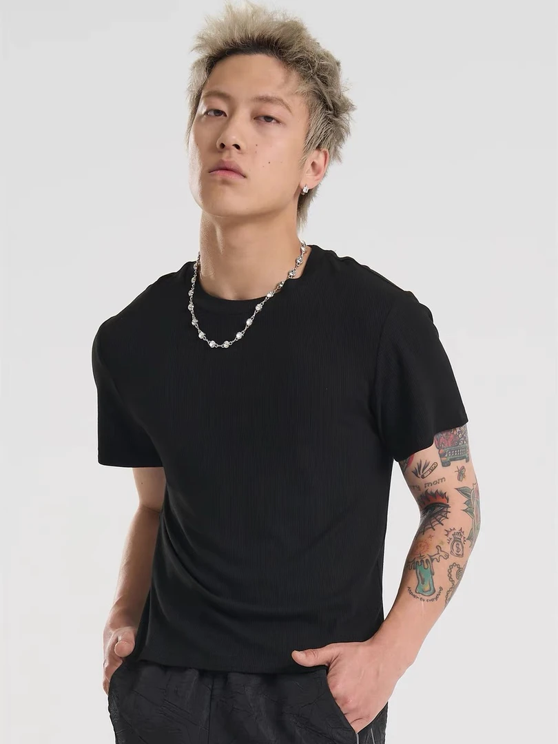 5Z5C 原创设计高级感法国进口细螺纹针织修身弹力打底短袖T恤男女