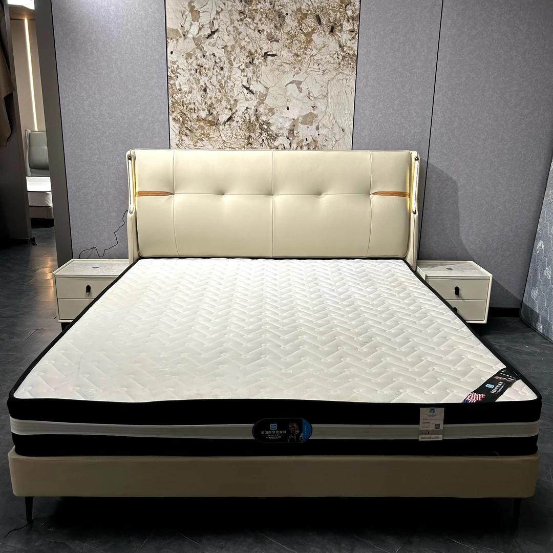 GB-T902简约主卧轻奢头层真皮实木双人大床皮艺软包床头层牛皮床