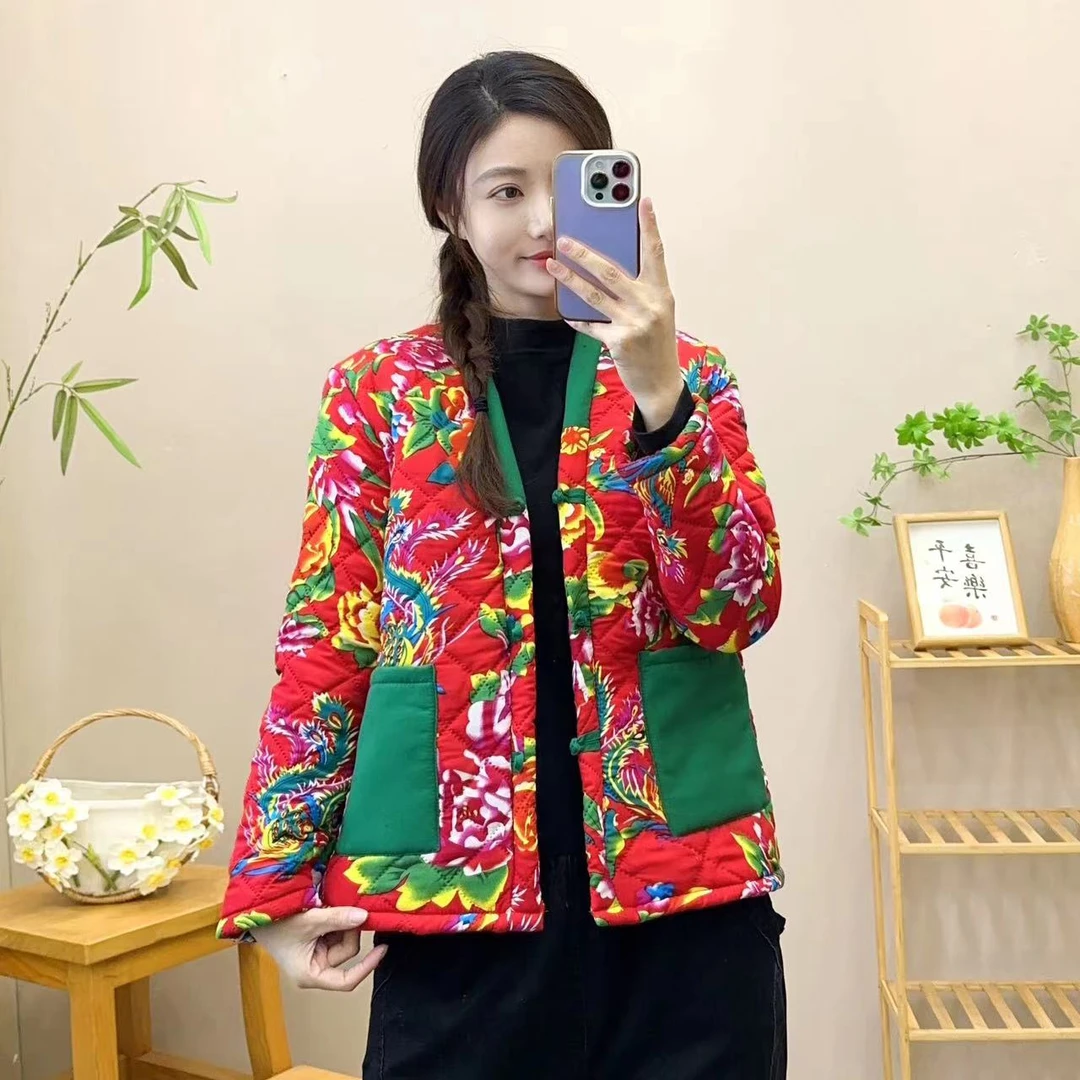 V领外套棉服网红时尚国风新中式加厚民族风保暖大花冬季复古印花