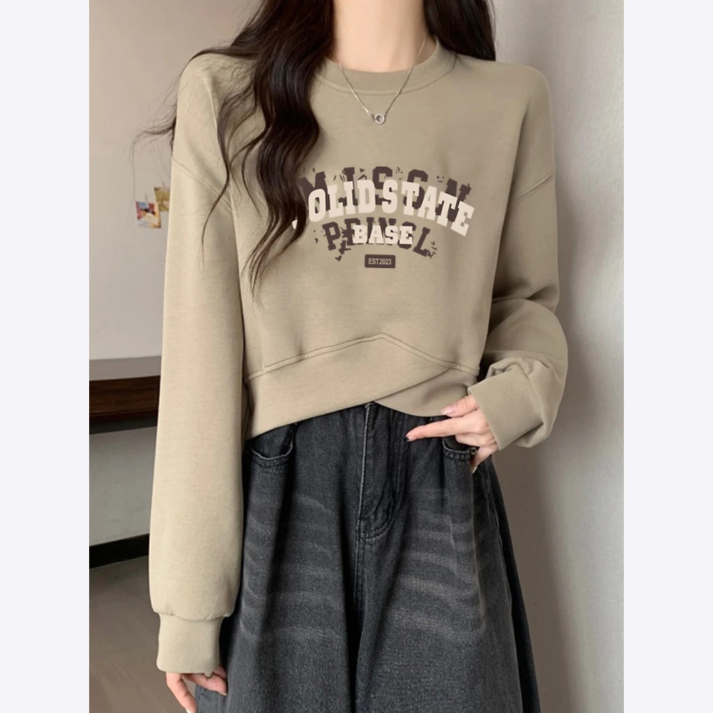 不规则圆领短款卫衣女秋冬季2024新款爆款美式小个子无帽套头上衣