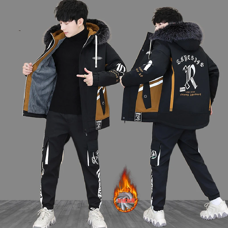 青少年棉衣外套男冬季棉服套装初中高中学生棉袄大童加绒加厚冬装