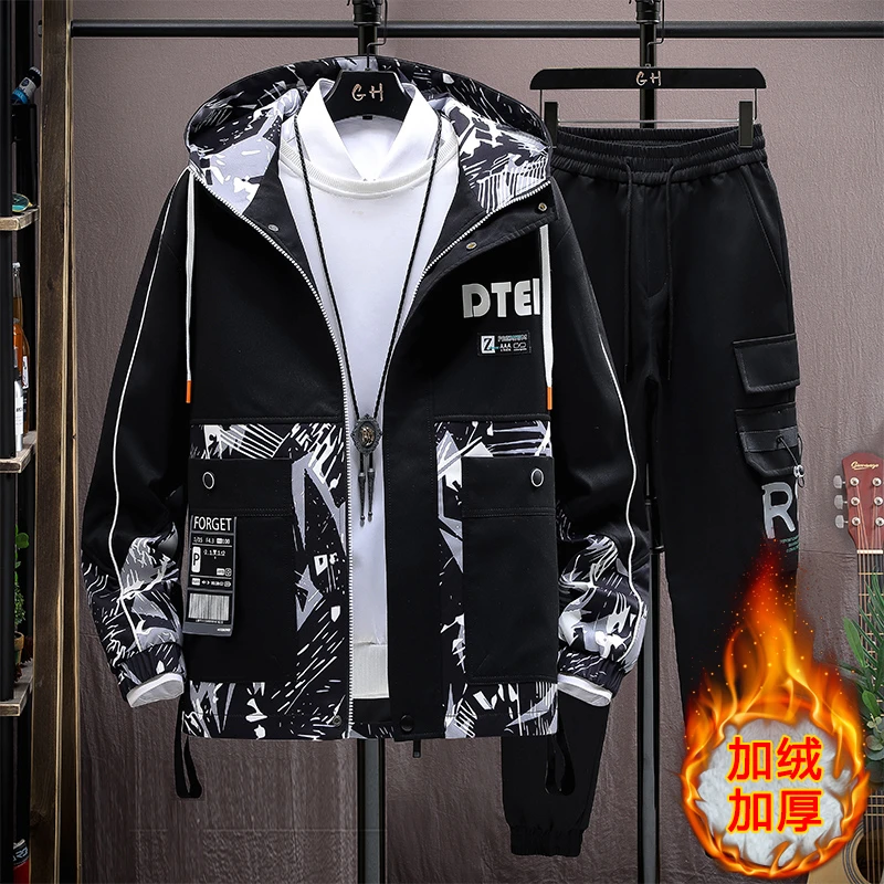 青少年加绒加厚外套男孩大童帅气潮流冬装初高中学生冬季夹克套装