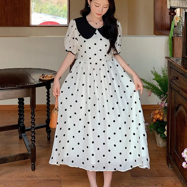 （4701-4720甜美）夏季系百搭连衣裙甜美波点短袖黑色领裙子仙气裙