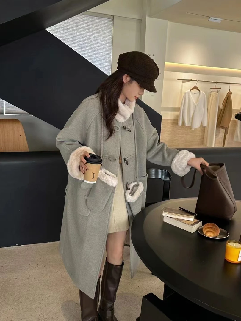 韩版甜美毛呢外套大衣网红冬季宽松中长款百搭气质复古秋冬加厚