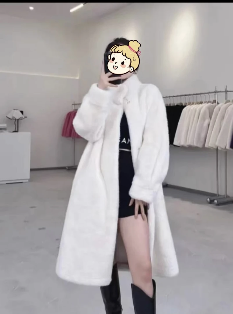 23年环保爆款仿水貂欧貂绒过膝大衣秋冬宽松加厚毛毛外套女