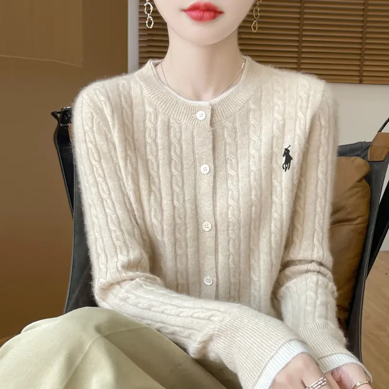 重磅100羊毛！秋冬新款纯羊毛螺纹麻花时尚刺绣针织打底开衫女