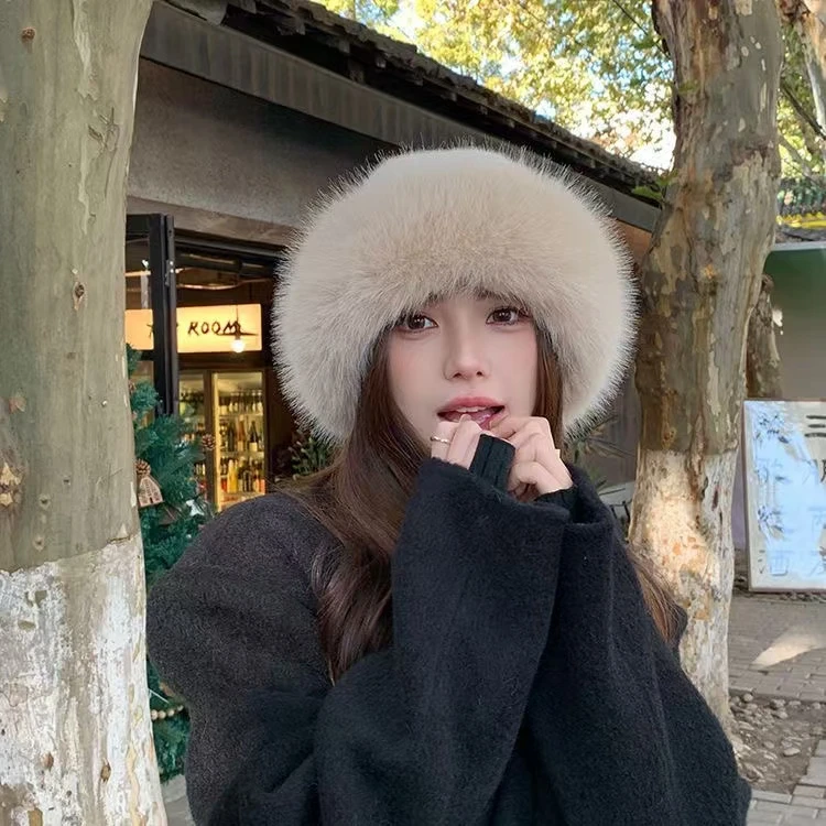 貂绒蒙古帽子女秋冬季防风防寒保暖盆帽仿皮护耳渔夫帽毛绒套头帽