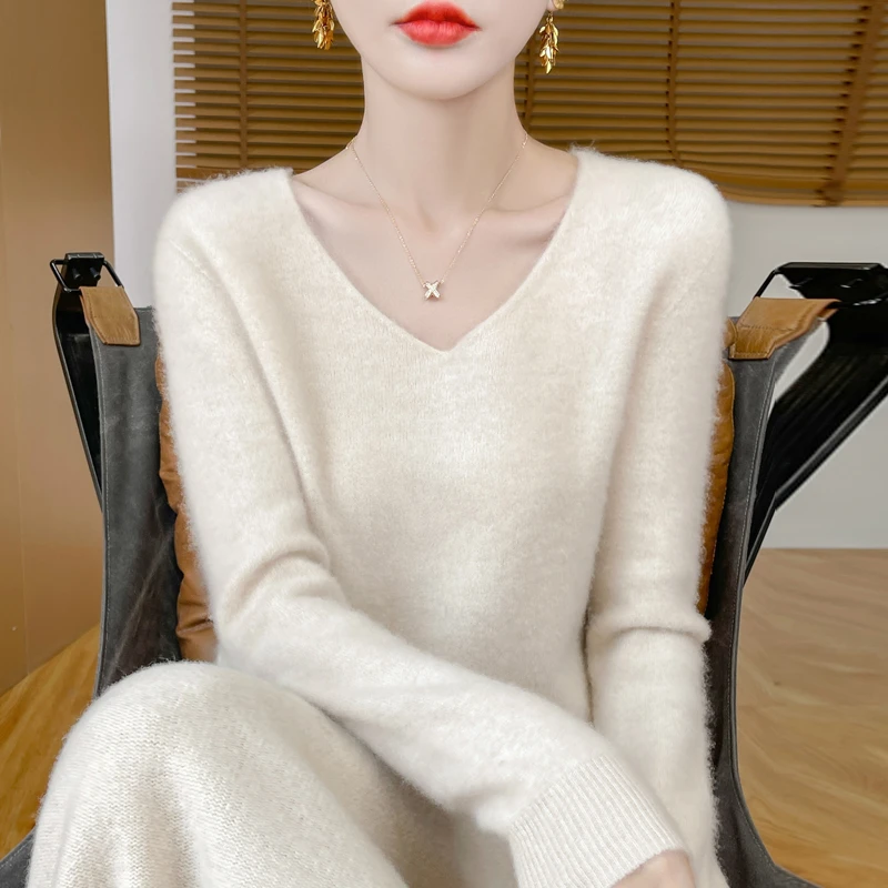 【直播间同款上衣】一线成衣羊毛衫女士纯色百搭V领针织打底衫