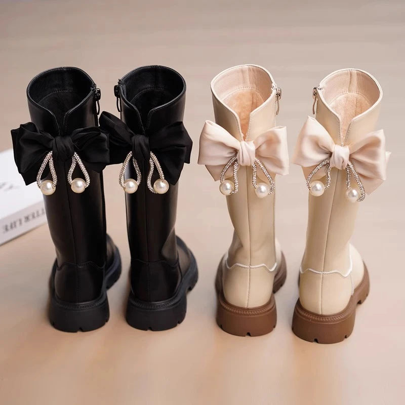 ABC女童长靴2025秋季新款女孩长靴公主单靴加绒黑色皮靴长筒靴