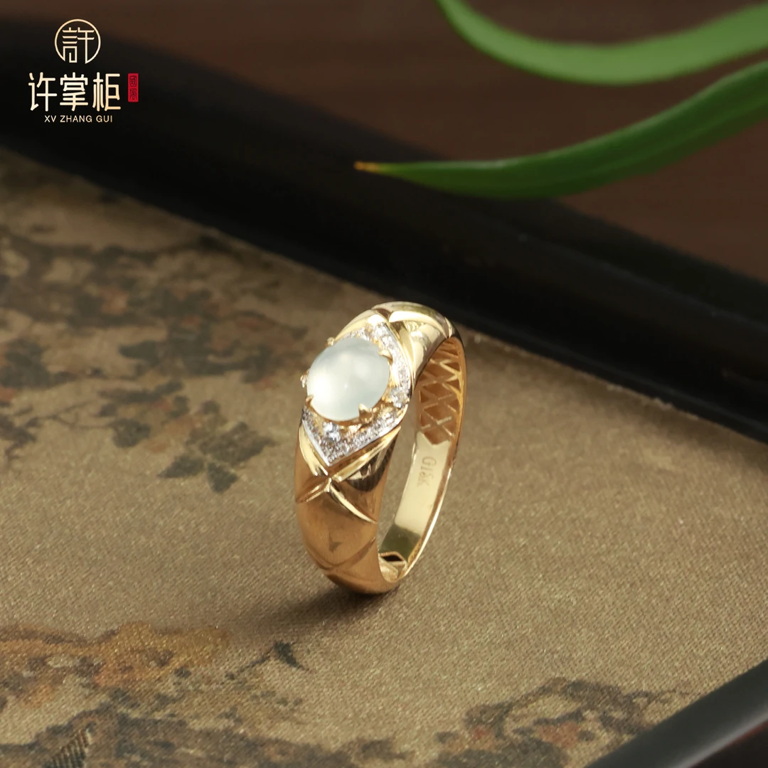 许掌柜｜冰韵素锦 18K金翡翠戒指天然缅甸翡翠A货白冰蛋面配饰气质