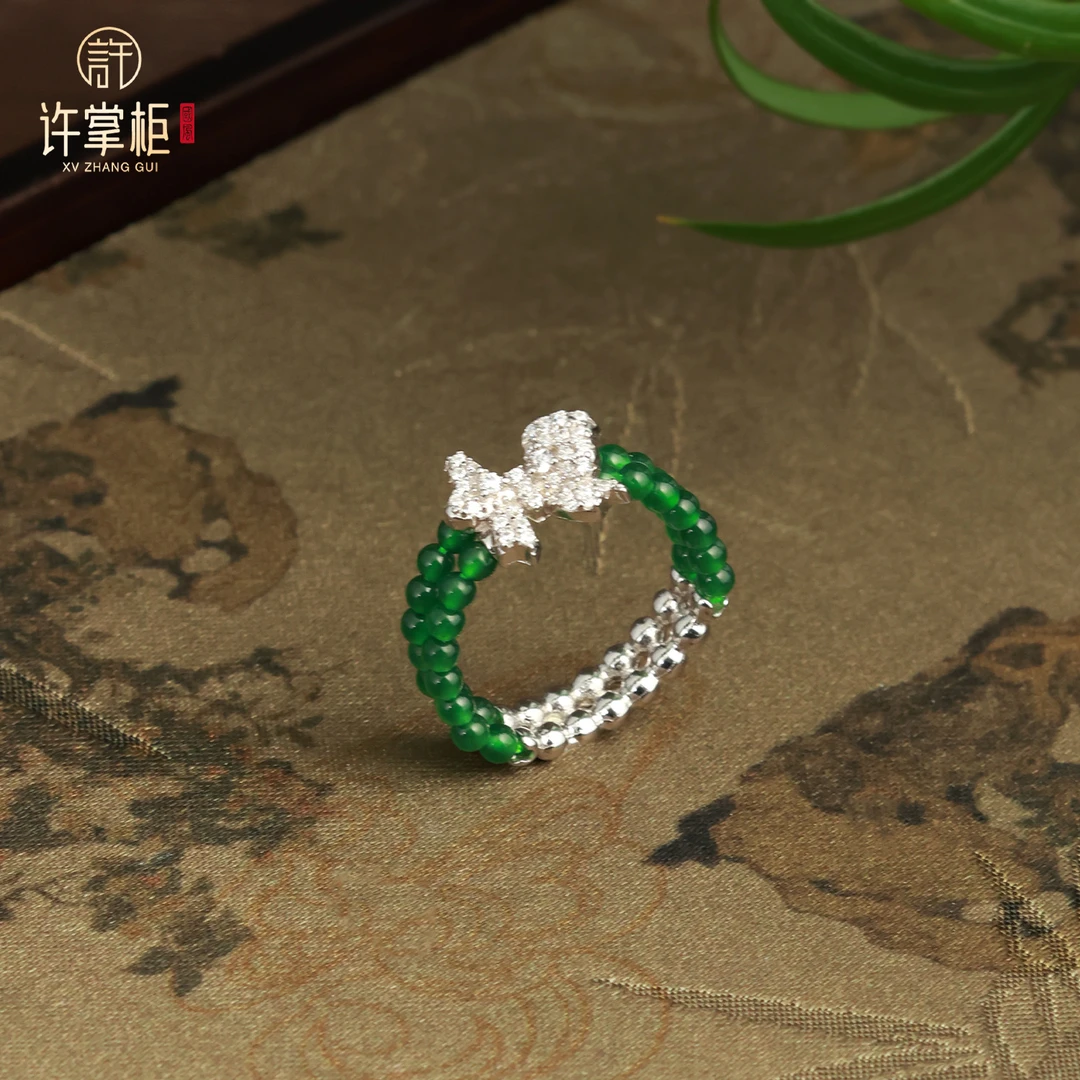 许掌柜｜S925银翡翠戒指天然翡翠A货小米珠蝴蝶结手饰戒指小巧百搭