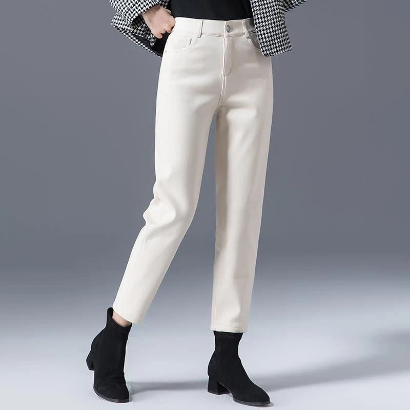 米白色高档牛仔裤女大码2025秋冬加绒高腰弹力宽松老爹哈伦萝卜裤