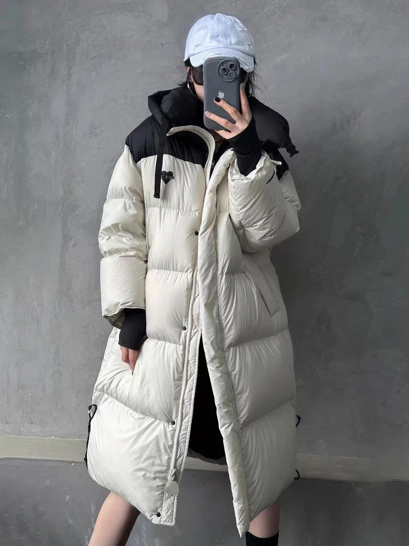 ICUC定制 -【撞色爱心长款连帽羽绒服】2023冬季新款白鸭绒韩版免洗