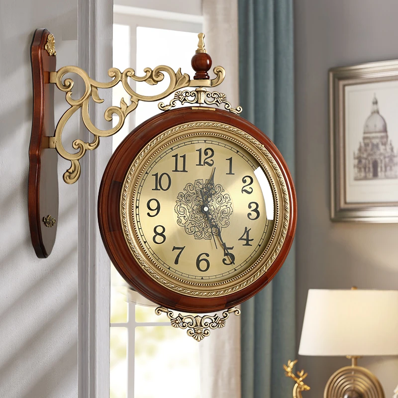 双面挂钟客厅装饰静音挂表欧式时尚黄铜实木轻奢简约创意两面钟表