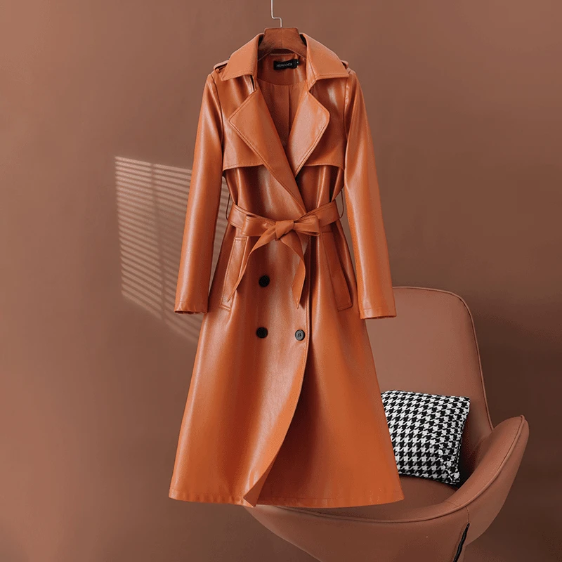 2025海宁韩版皮衣女中长款修身外套秋冬新款显瘦时尚高级感风衣