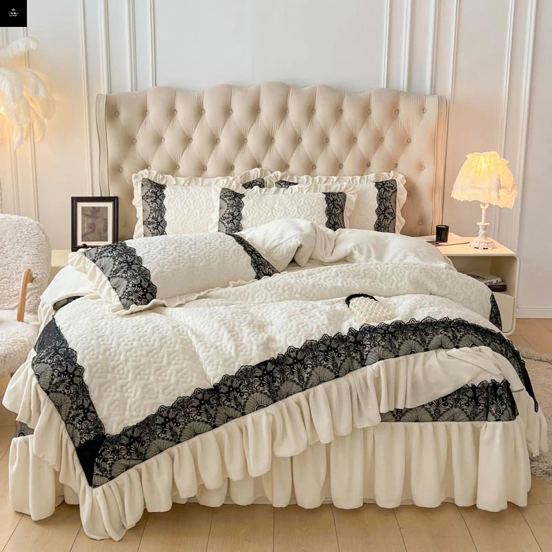 纯色牛奶绒四件套韩版蕾丝花边床盖款四件套冬季A类加厚宝宝绒