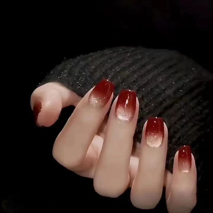 478秋冬高级显白短款红色渐变猫眼指甲贴穿戴甲新年美甲【30片】